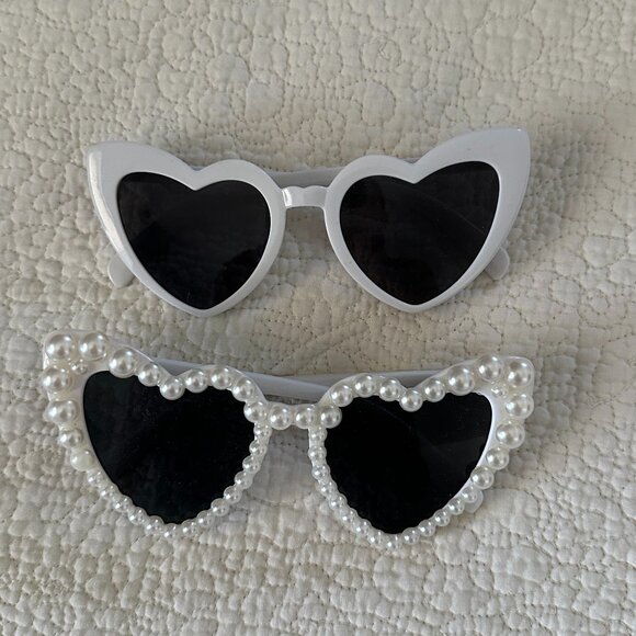 Accessories - Heart-Shaped White Sunglasses with Pearl Accents